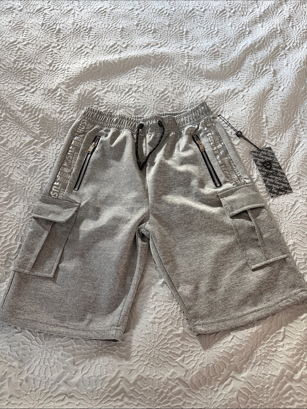 Kids Light Gray Cargo Knit Shorts with Zip Pockets